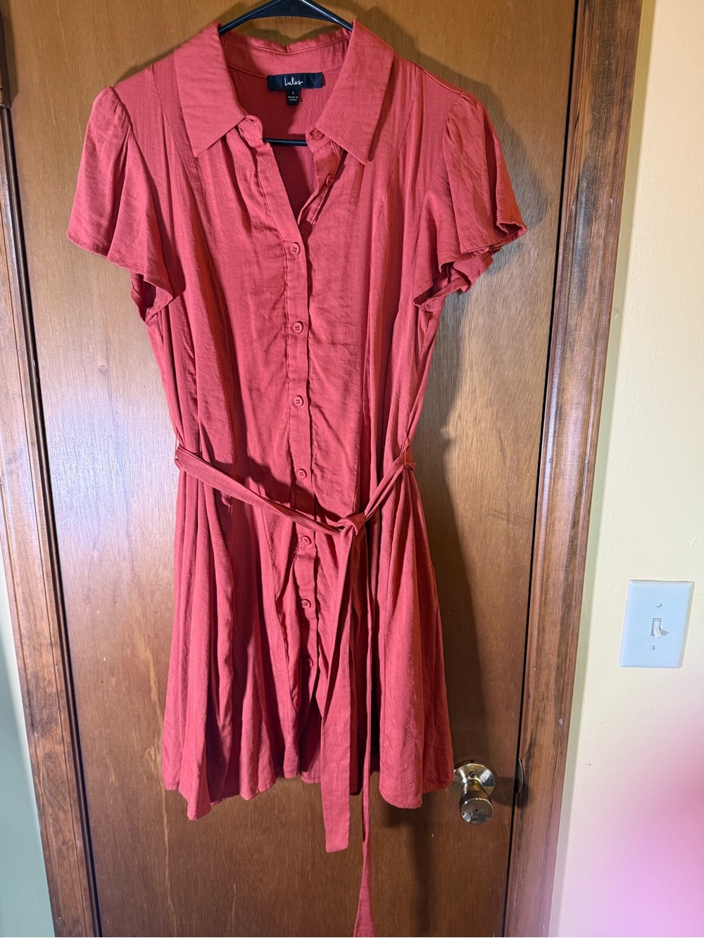 Lulu's Rust-Pink Button-Front Belted Mini Dress - Picture 2 of 6